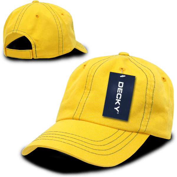 A yellow 6-panel low profile relaxed dad hat with contrast stitching and a branded tag.