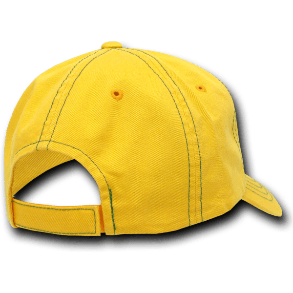 A yellow 6-panel low profile relaxed dad hat with contrasting stitching and an adjustable strap at the back.