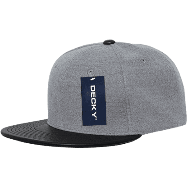 A grey melton snapback cap with a black brim and a logo tag attached.