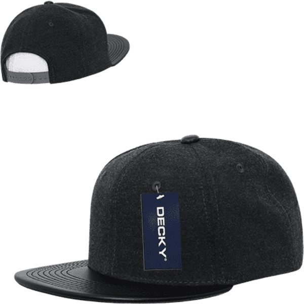 A black 6 panel high profile structured Melton snapback cap with a flat brim and a branding tag.