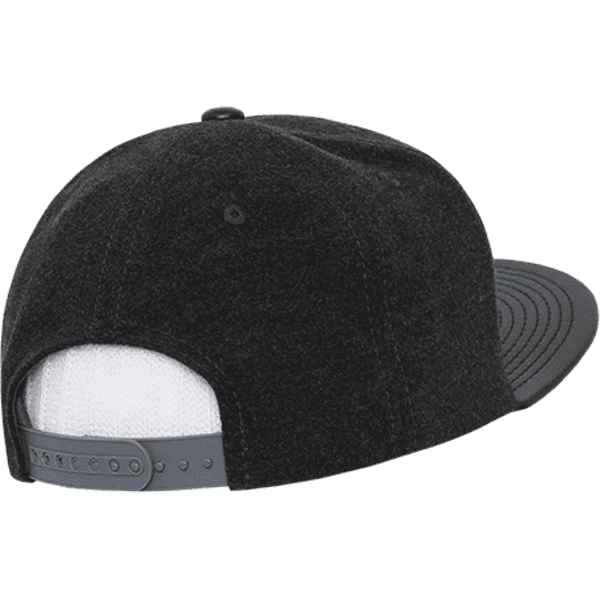 A high-profile structured snapback cap in black melton fabric with a grey adjustable strap at the back.
