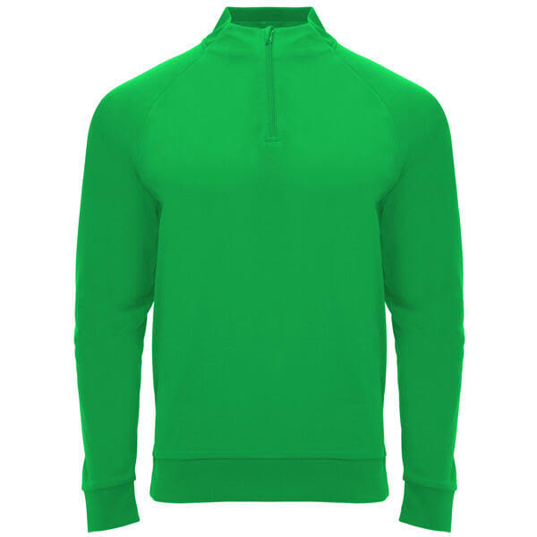 A green half zip sweatshirt with long sleeves, featuring a sleek design and a logo.