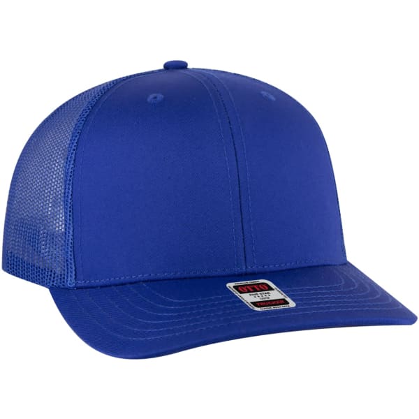 A blue low profile mesh back trucker hat featuring a solid front and mesh sides, complete with a logo.