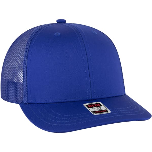 A blue low profile mesh back trucker hat featuring a structured front and a mesh back. It has a logo on the side.