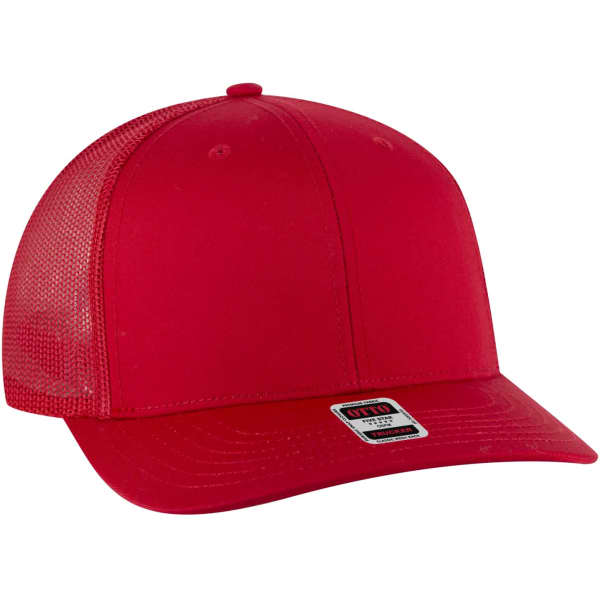 A red low profile mesh back trucker hat with a structured front and a brand logo on the side.