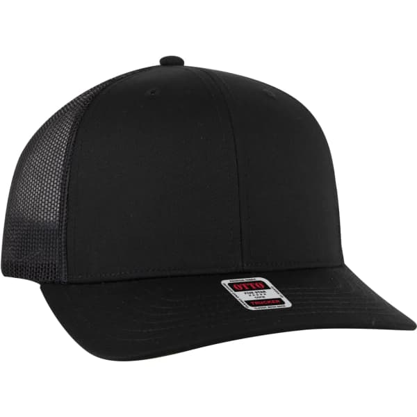 A black low profile mesh back trucker hat featuring a curved brim and a branded tag.