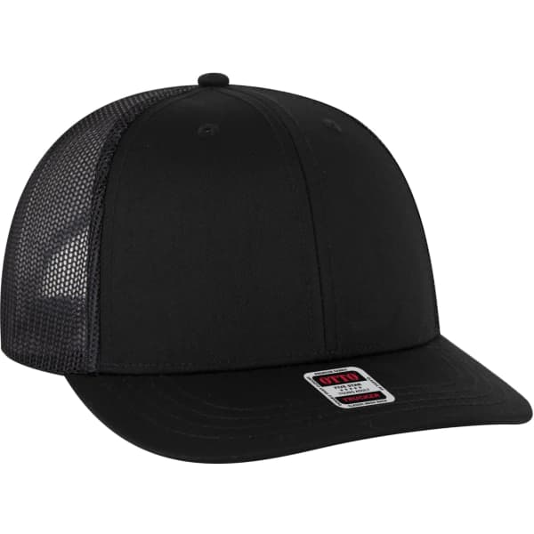 A black Low Profile Mesh Back Trucker Hat with a solid front and mesh sides, featuring a logo on the front.