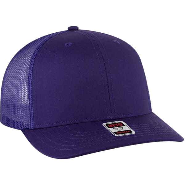 A purple low profile trucker hat with a mesh back and a branded tag on the front.