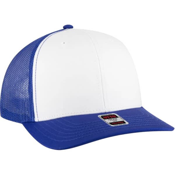 A low-profile trucker hat featuring a white front panel and blue mesh back, with a branded tag on the side.