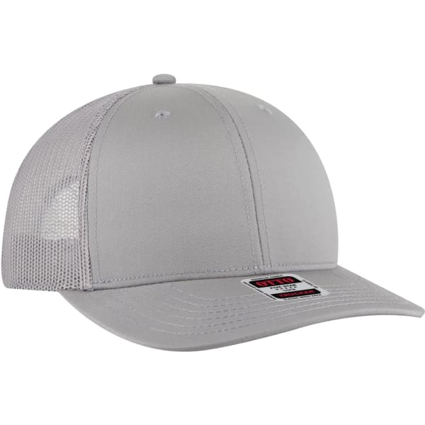 A grey low profile mesh back trucker hat with a curved brim and a branded logo.