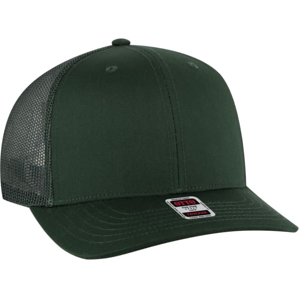 A green low profile mesh back trucker hat with a structured front and a mesh rear, featuring a logo.