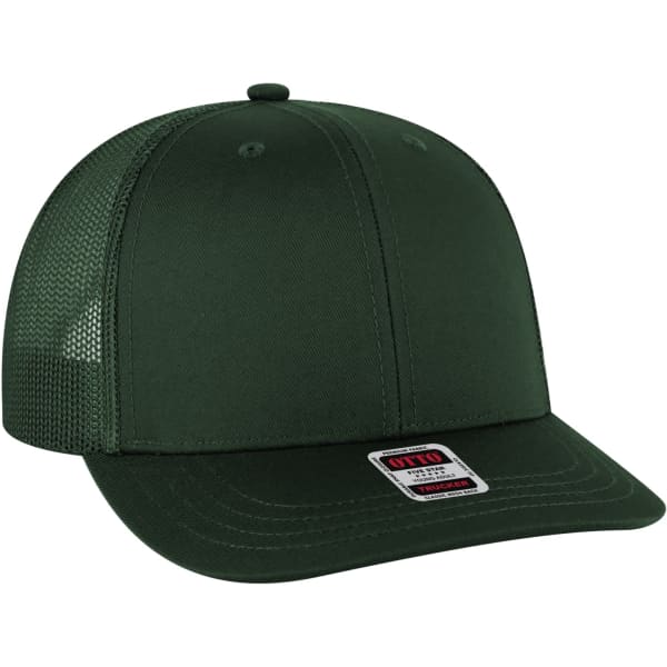 A green low-profile mesh back trucker hat with a curved brim and a branded tag.