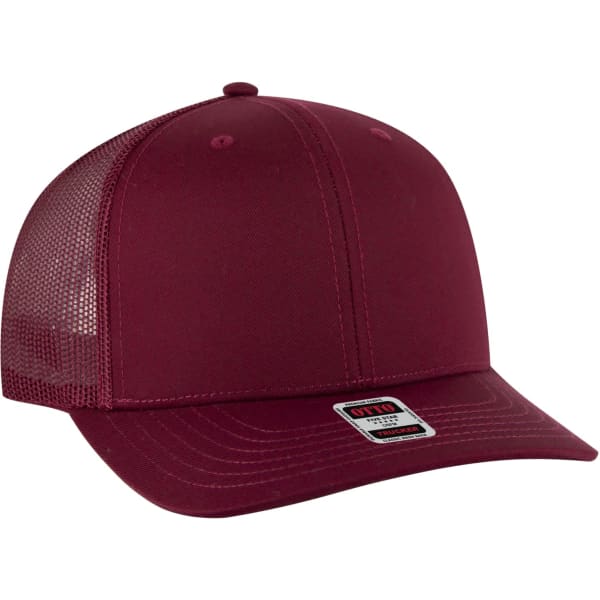 A maroon low profile trucker hat featuring a mesh back and a logo patch on the front.