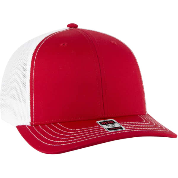 A red trucker hat with a white mesh back and a visible logo on the side.