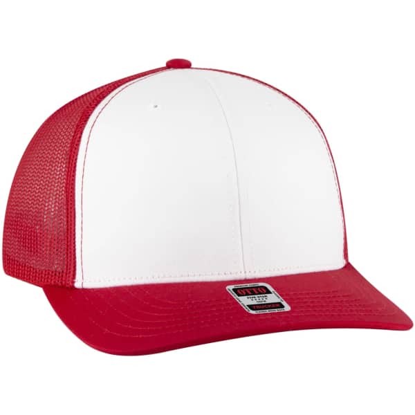 A red and white low profile mesh back trucker hat featuring a structured front and a mesh back.