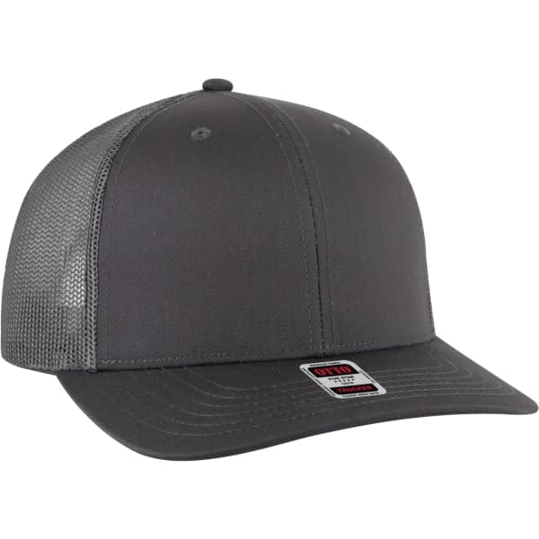 A low profile trucker hat in grey with a mesh back and a rounded visor, featuring a logo on the front.