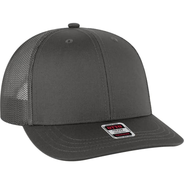 A dark grey Low Profile Mesh Back Trucker Hat featuring a solid front and mesh sides, complete with a logo.