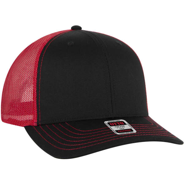 A black trucker hat with a red mesh back and a logo on the front.
