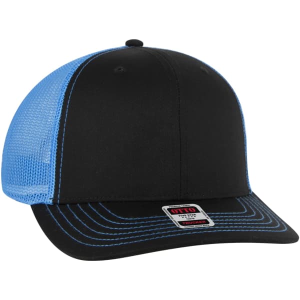 A black and blue low profile mesh back trucker hat featuring a logo.