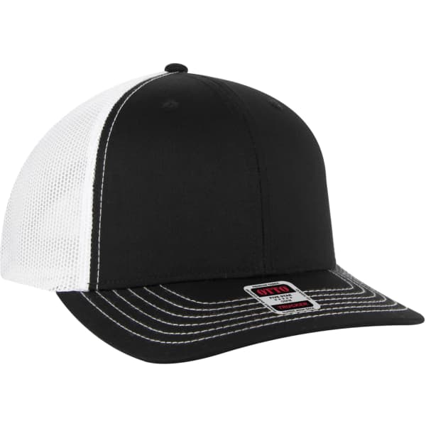 A black and white low profile mesh back trucker hat with a structured cap and contrasting stitching. Features a logo.