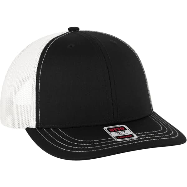 A black and white low profile mesh back trucker hat with a logo on the front.
