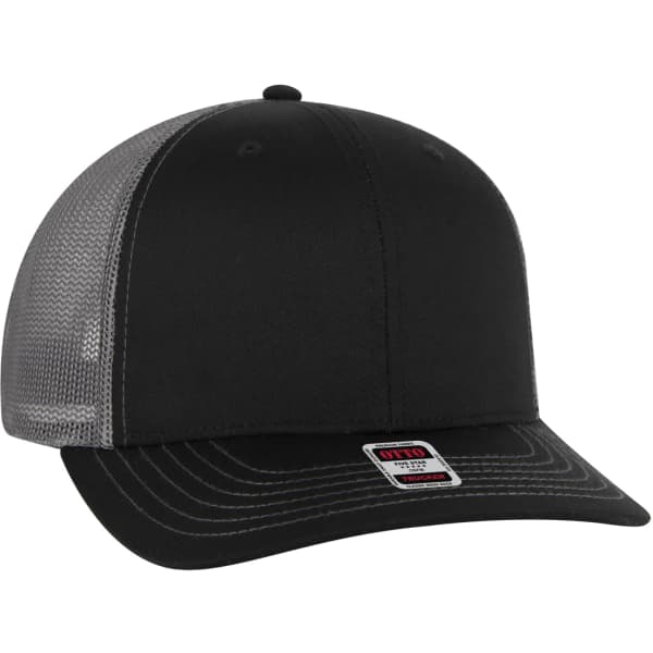 A black trucker hat with a mesh back, featuring a curved brim and an included logo on the side.