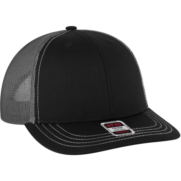 A low profile trucker hat featuring a black front and grey mesh back, with contrasting stitching and a logo.
