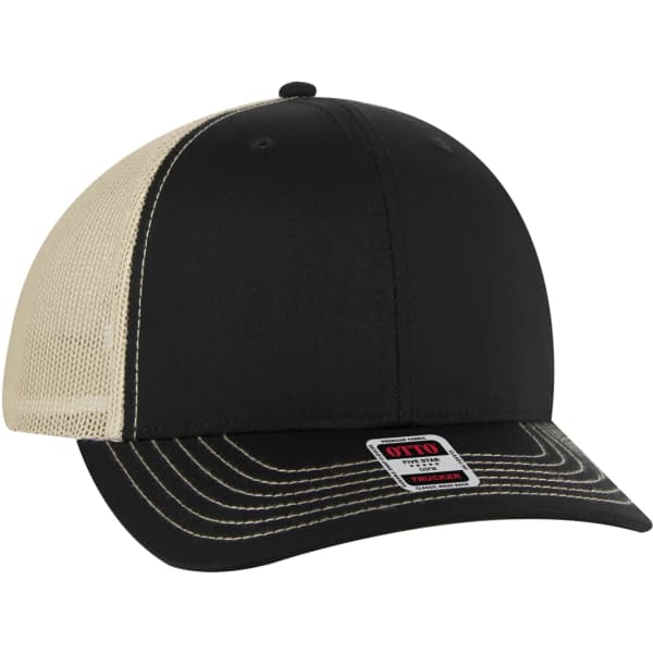 A black and beige low profile mesh back trucker hat featuring a logo on the front and contrasting stitching.