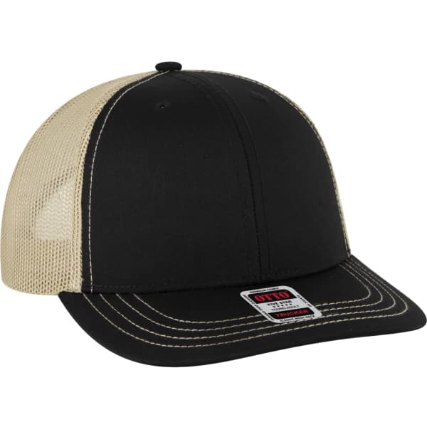 A black and tan low profile mesh back trucker hat with a logo on the front.