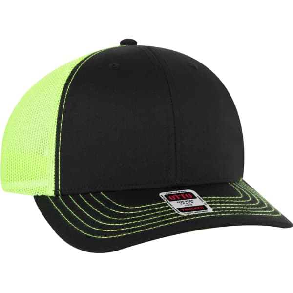 A black trucker hat with a bright yellow mesh back and contrasting stitching, featuring a logo on the front.