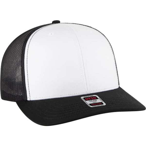 A low-profile mesh back trucker hat in black and white, featuring a solid front panel and mesh sides.