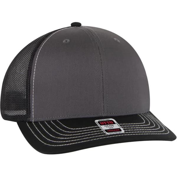 A grey low profile mesh back trucker hat with a black brim and a logo on the front.