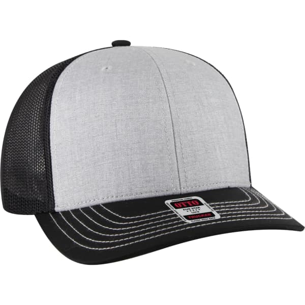 A low profile trucker hat featuring a grey front, black mesh back, and a black peak. It has a logo on the front.
