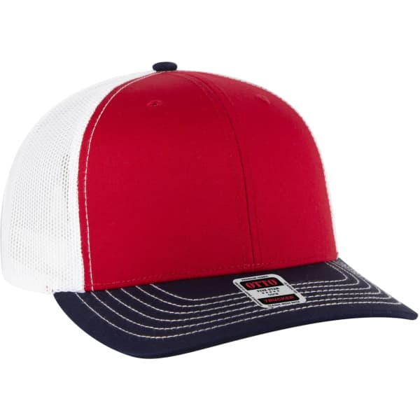 A red and white mesh back trucker hat with a navy blue brim and a logo on the front.