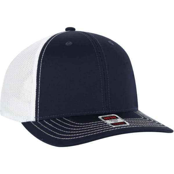 A navy and white low profile mesh back trucker hat with a branded label on the front.