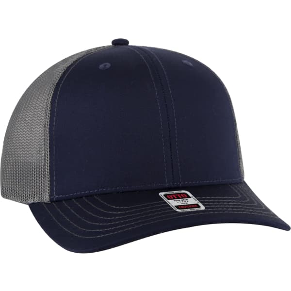 A navy blue low profile mesh back trucker hat with a grey mesh panel and a logo.