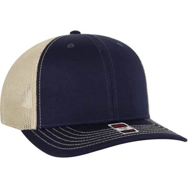 A navy blue and beige low profile mesh back trucker hat with a logo on the front.
