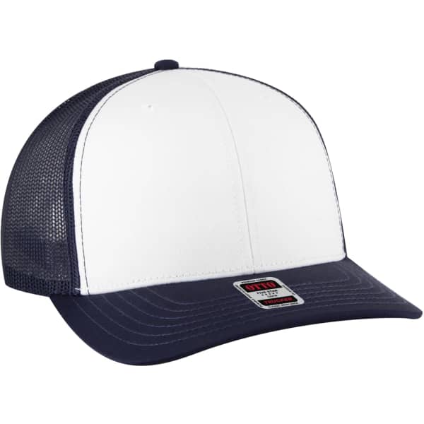 A white and navy blue low profile mesh back trucker hat with a structured front and a branded tag.