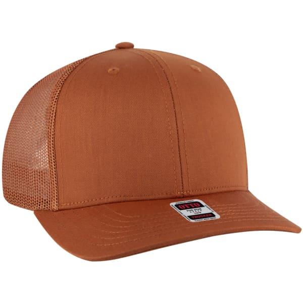 A low profile trucker hat in a rust colour with a mesh back and a branded label on the side.