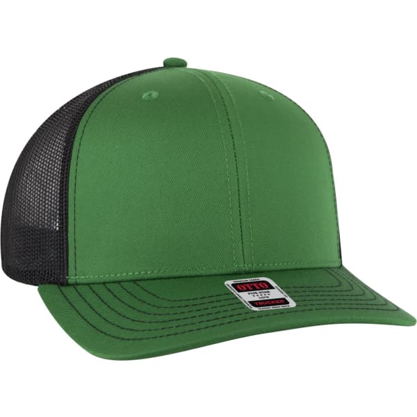 A green low profile mesh back trucker hat featuring a black mesh panel and a branded label on the front.