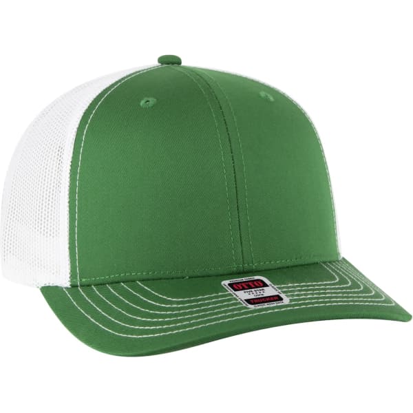 A green Low Profile Mesh Back Trucker Hat with a white mesh back and contrasting stitching. Features a logo on the front.