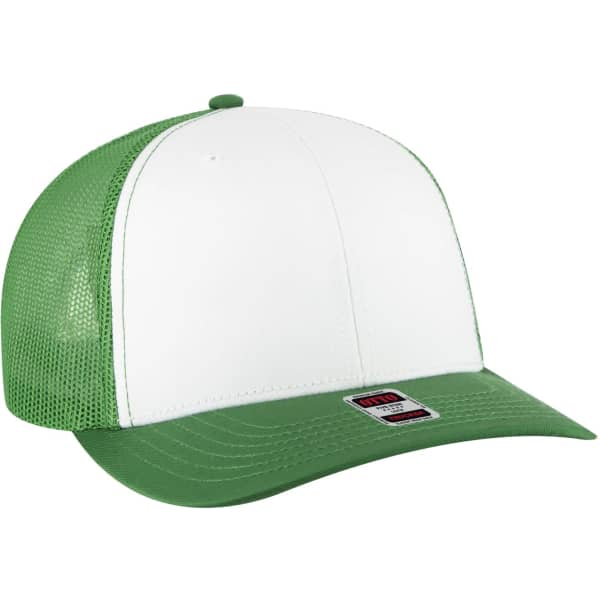 A green and white low profile mesh back trucker hat featuring a structured front and a logo.