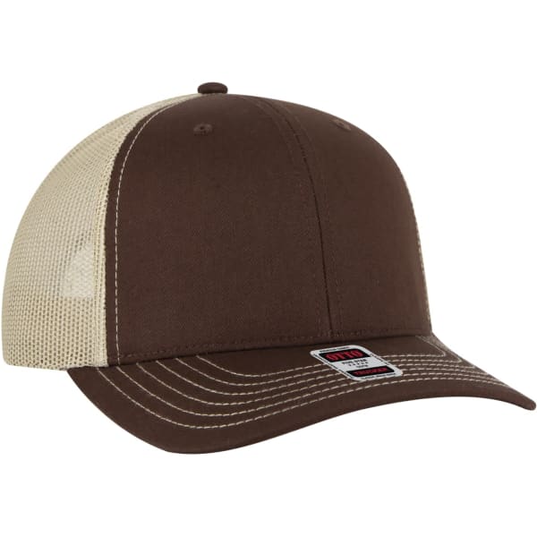 A brown and cream low profile mesh back trucker hat with a logo on the front.