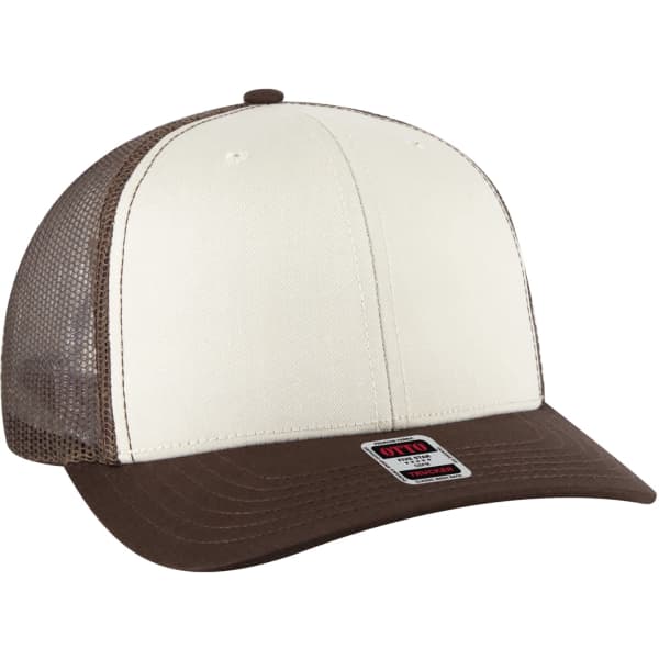 A low profile trucker hat featuring a beige front and brown visor, with a mesh back and logo.