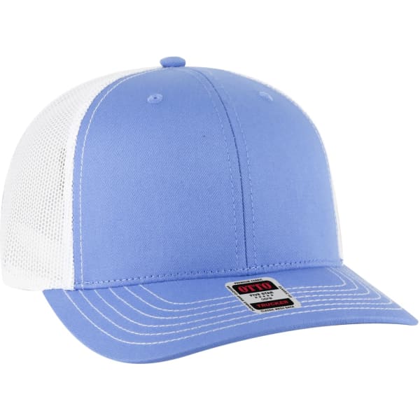 A light blue trucker hat with a white mesh back and a branded tag on the side.