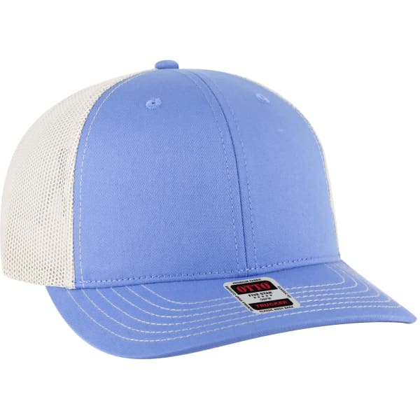 A low profile trucker hat in light blue with a white mesh back and a branded label on the side.