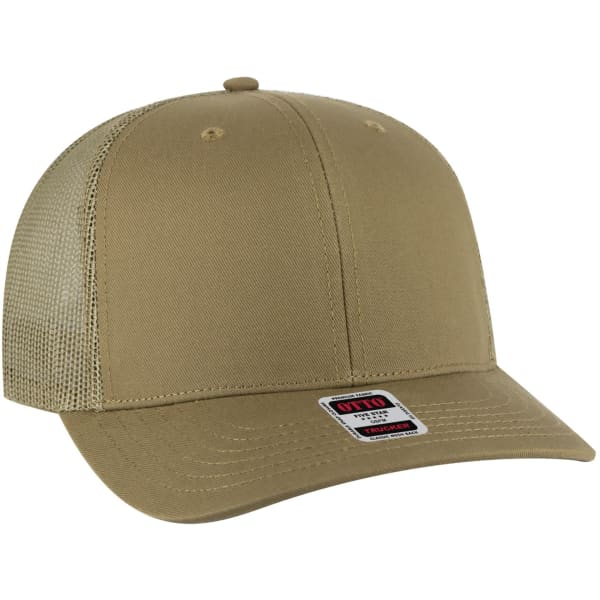 A beige trucker hat with a mesh back and a rounded crown, featuring a small logo.