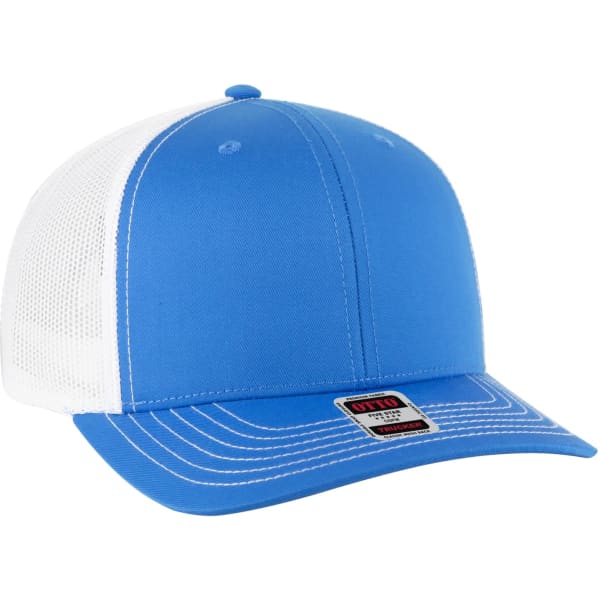 A blue and white low profile mesh back trucker hat with a logo on the front and contrasting stitching.