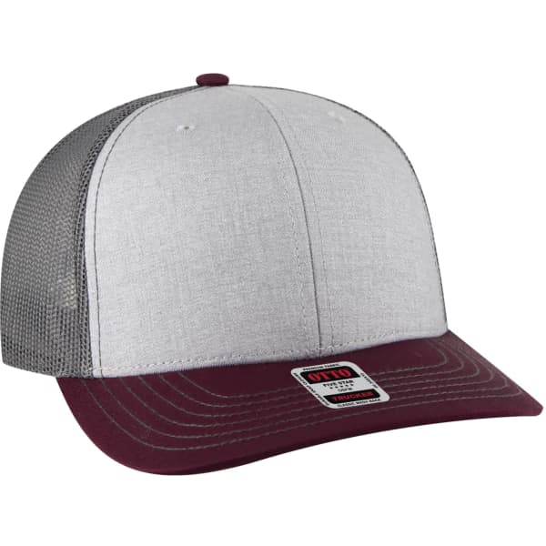 A low profile trucker hat featuring a grey front and maroon brim with a mesh back and a logo on the side.