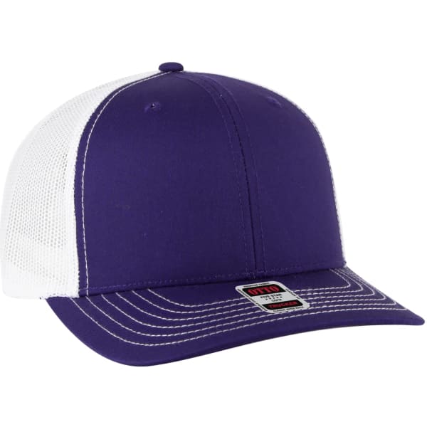 A purple trucker hat with a white mesh back and a structured front. It features a branded tag on the front.
